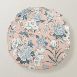 Blue Peonies Peach Botanical Vintage Floral Round Pillow