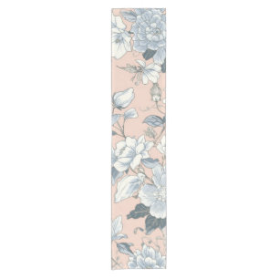 Blue Peonies Peach Botanical Vintage Floral Short Table Runner