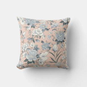 Blue Peonies Peach Botanical Vintage Floral Throw Pillow