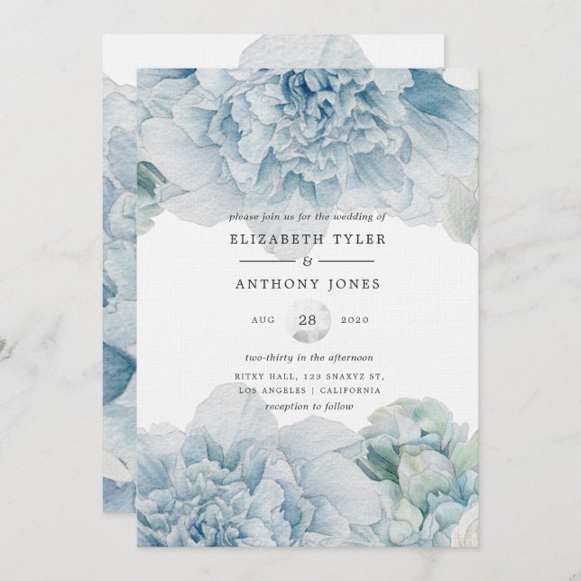 Blue Peonies Wedding Invitation (Front/Back)