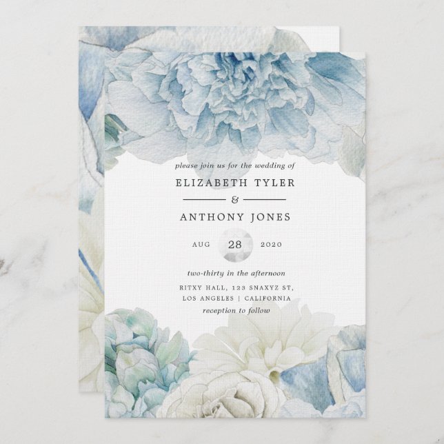 Blue Peonies Wedding Invitation (Front/Back)