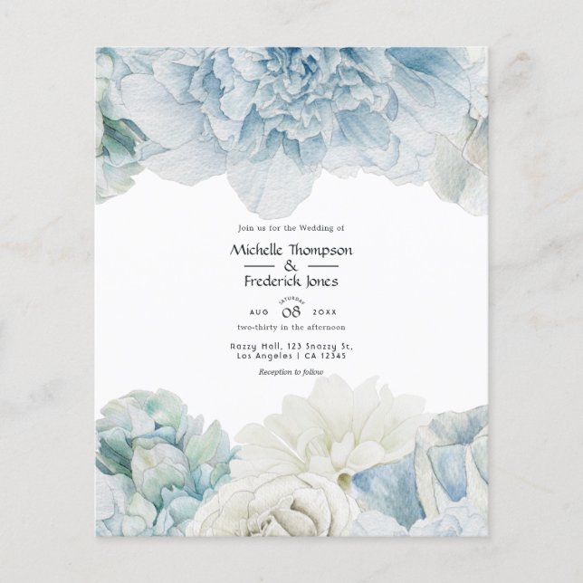 Blue Peonies Wedding Invitation Flyer (Front)
