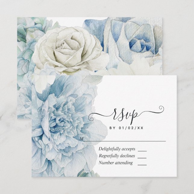 Blue Peonies Wedding RSVP Card (Front/Back)