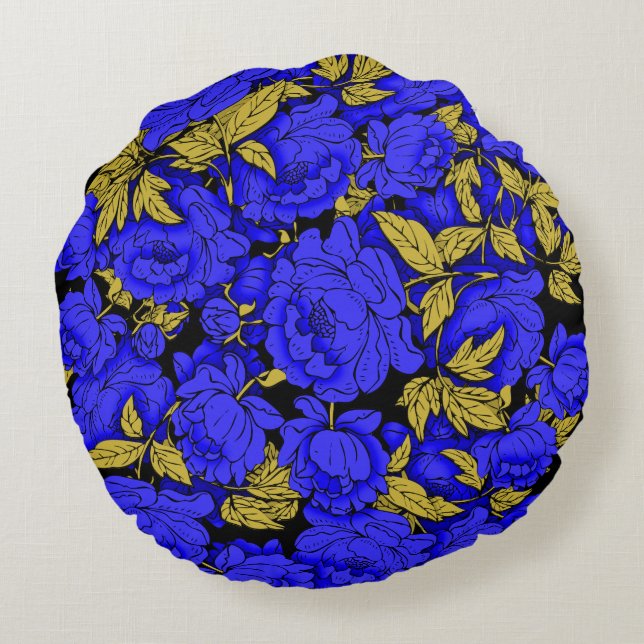 Blue Peonies with Gold Leaves Round Pillow (Back)
