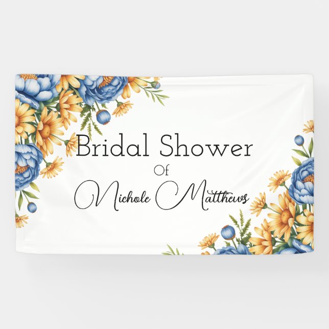 Blue Peony and Yellow Daisies Bridal Shower Banner (Horizontal)