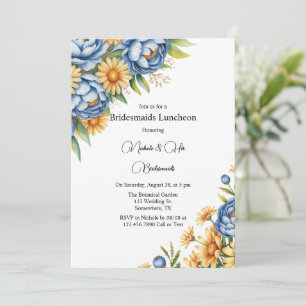 Blue Peony and Yellow Daisies Bridesmaids Luncheon Invitation