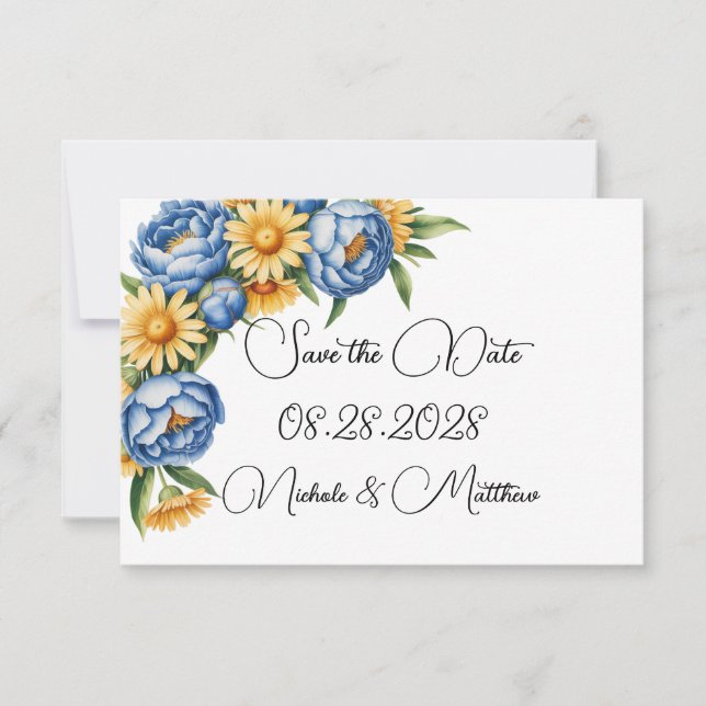 Blue Peony and Yellow Daisies Wedding Save The Date (Front)