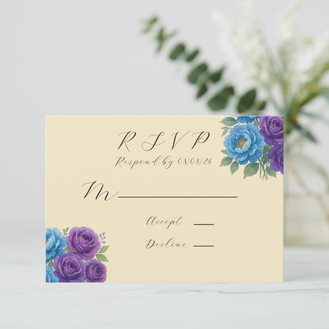 Blue Peony & Fig Purple Rose Wedding RSVP Card (Standing Front)