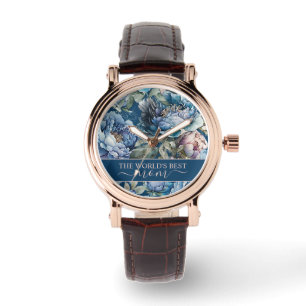 Blue peony floral pattern World's best mom Mother Watch