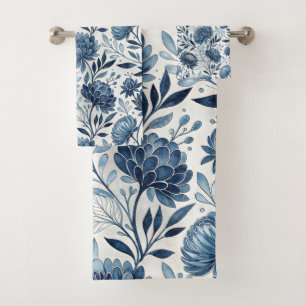 Blue Peony Garden Watercolor Bath Towel Set