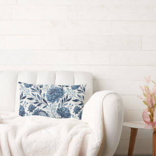Blue Peony Garden Watercolor Lumbar Pillow