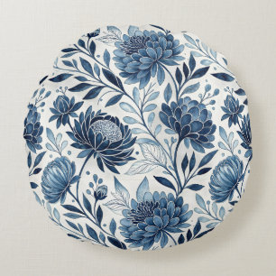 Blue Peony Garden Watercolor Round Pillow