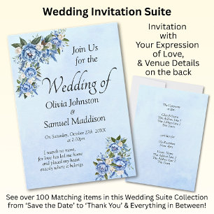 Blue Peony on Blue Wedding Suite Invitation