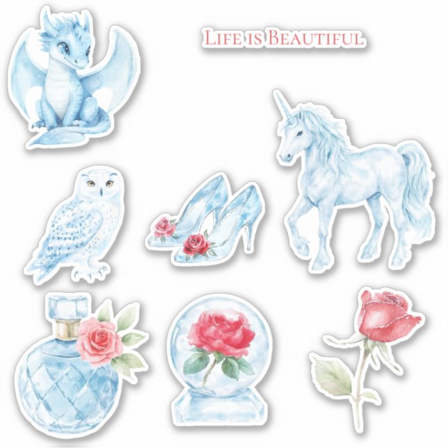 Blue Perfume Bottle Rose Owl Dragon Unicorn (Front)