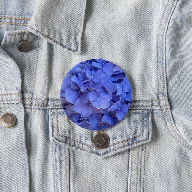 Blue periwinkle elegant floral hydrangeas  3 inch round button (In Situ)