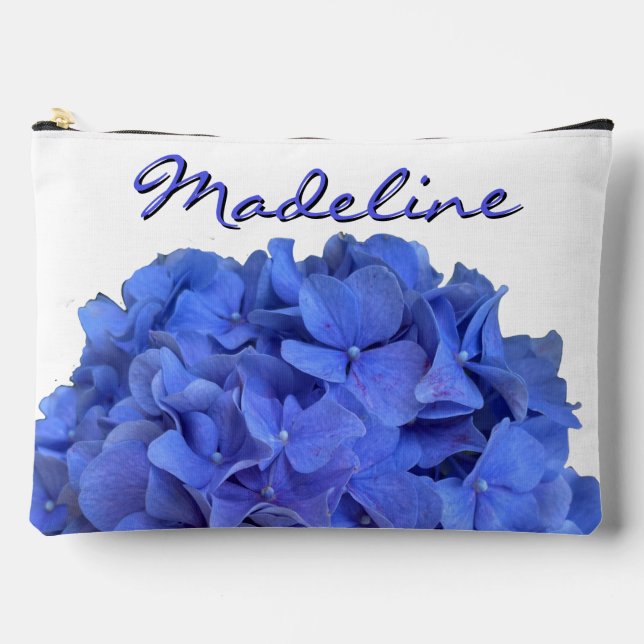 Blue periwinkle elegant floral hydrangeas monogram accessory pouch (Front)