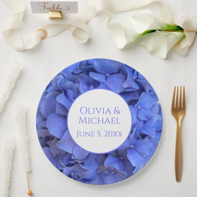 Blue periwinkle elegant floral hydrangeas  paper plate (Wedding)