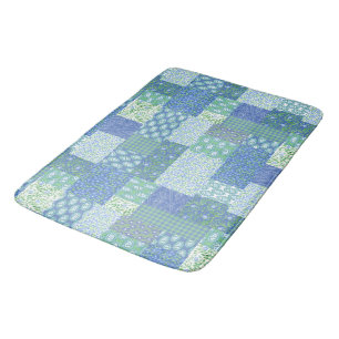 Blue Periwinkle Floral Boho Faux Patchwork Pattern Bath Mat