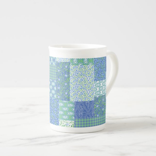 Blue Periwinkle Floral Boho Faux Patchwork Pattern Bone China Mug (Front Right)
