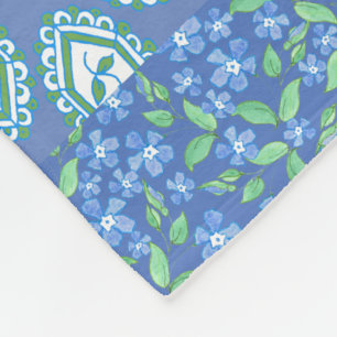 Blue Periwinkle Floral Boho Faux Patchwork Pattern Fleece Blanket