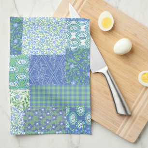 Blue Periwinkle Floral Boho Faux Patchwork Pattern Kitchen Towel