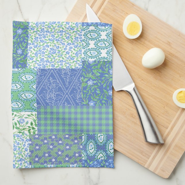 Blue Periwinkle Floral Boho Faux Patchwork Pattern Kitchen Towel (Quarter Fold)