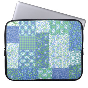 Blue Periwinkle Floral Boho Faux Patchwork Pattern Laptop Sleeve