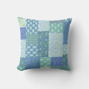 Blue Periwinkle Floral Boho Faux Patchwork Pattern Throw Pillow