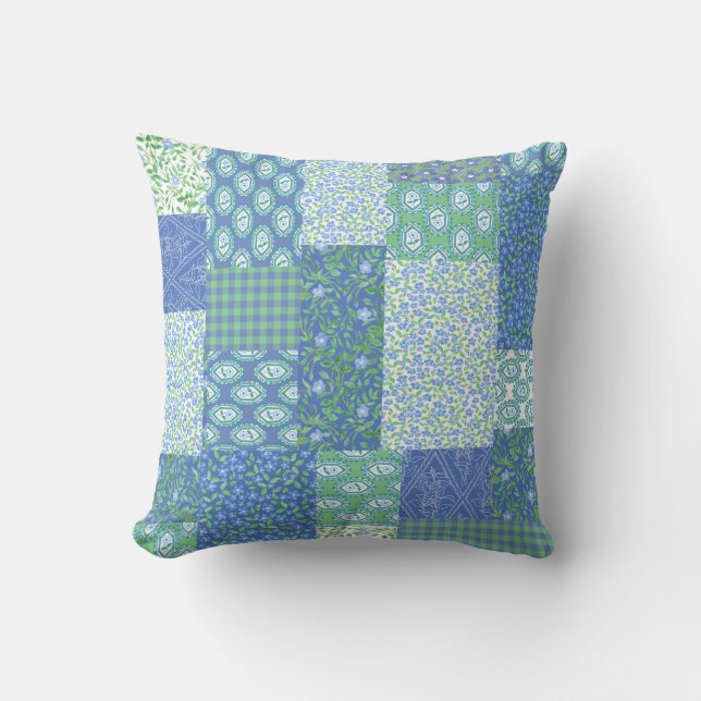 Blue Periwinkle Floral Boho Faux Patchwork Pattern Throw Pillow (Front)