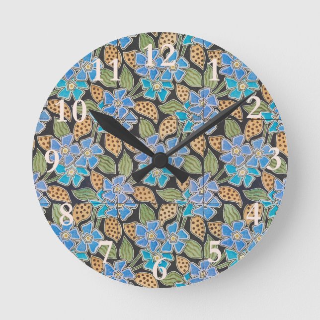 Blue Periwinkle Flowers Vinca Pattern Round Clock (Front)