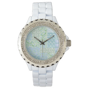 Blue Periwinkle Flowers Vintage Faux Patchwork Watch