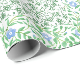 Blue Periwinkle Flowers Vintage Faux Patchwork Wrapping Paper