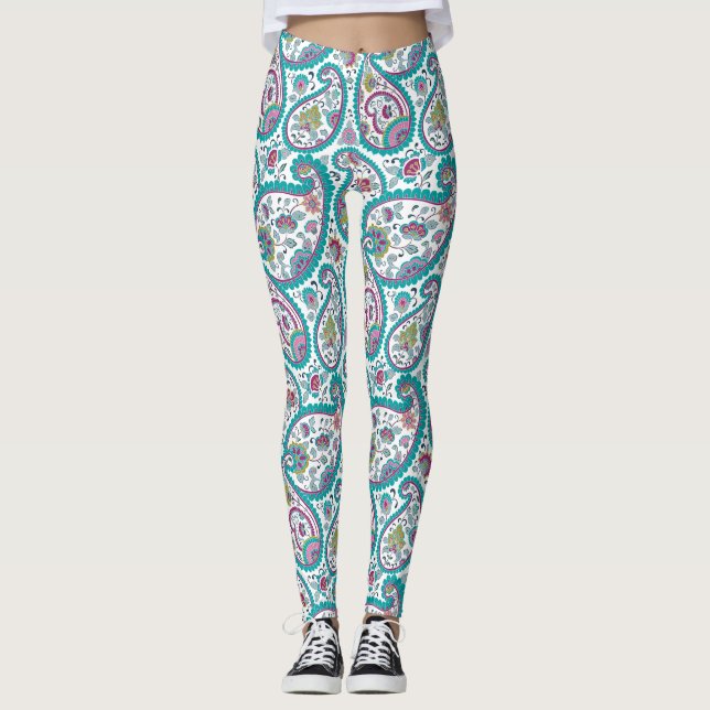 Blue Persian Boteh Paisley Pattern Yoga Leggings (Front)