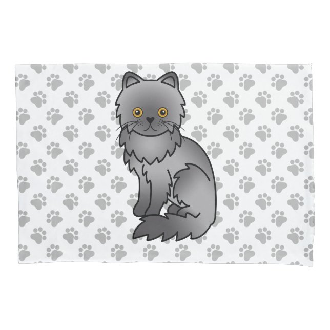 Blue Persian Cute Cartoon Cat & Paws Pillowcase (Front)