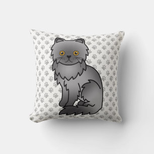 Blue Persian Cute Cartoon Cat & Paws Throw Pillow