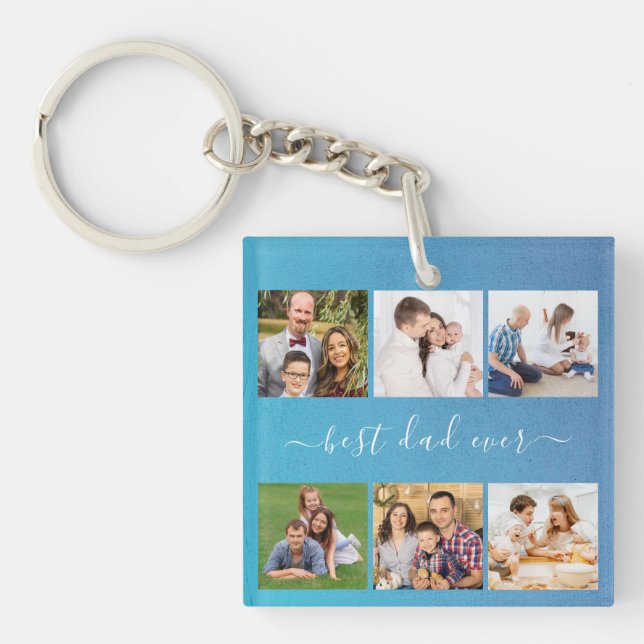 Blue Personalized 6 Photo and text, best dad ever Keychain (Front)