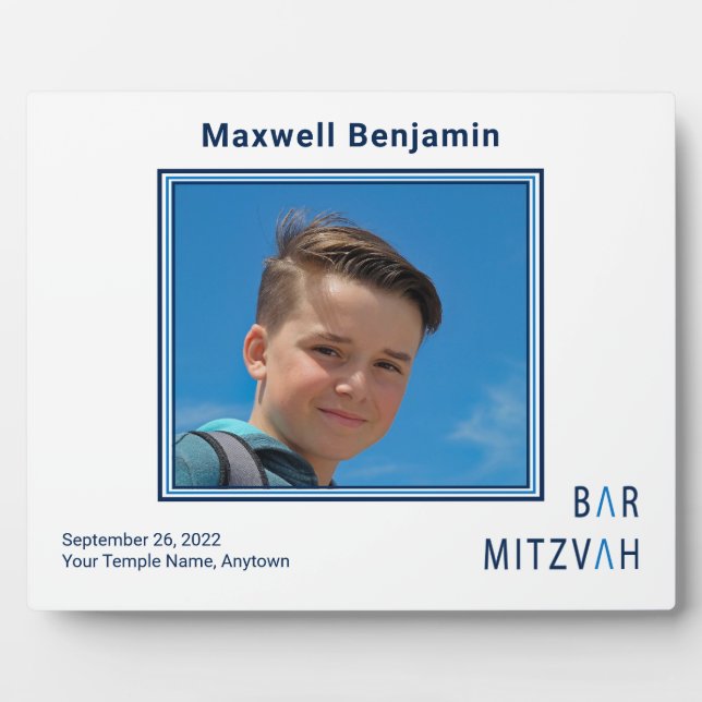 Blue Personalized Bar Mitzvah Photo Plaque (Front)