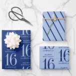 Blue Personalized Custom Age 16th Birthday Wrapping Paper Sheet<br><div class="desc">Shades of navy and light blue birthday gift wrapping paper with editable age number and personalized name plus a diagonal stripe accent sheet for an elegant and bold birthday present display.</div>