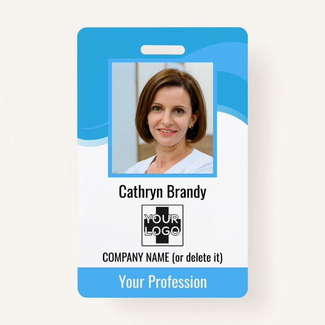 blue Personalized Employee, Photo, Bar Code & Logo Badge (Front)