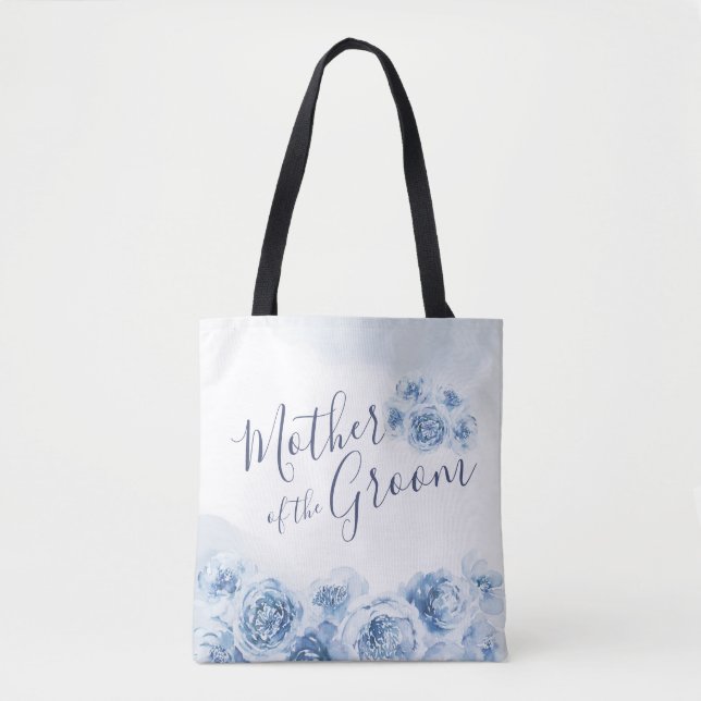 Blue personalized floral mother of the groom tote bag (Front)