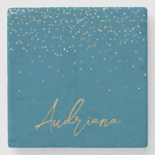 Blue Personalized Gold Name Glitter Sparkle Dots Stone Coaster