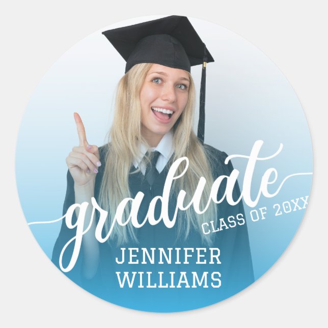 Blue Personalized Graduation Photo Graduate Party Classic Round Sticker (Front)