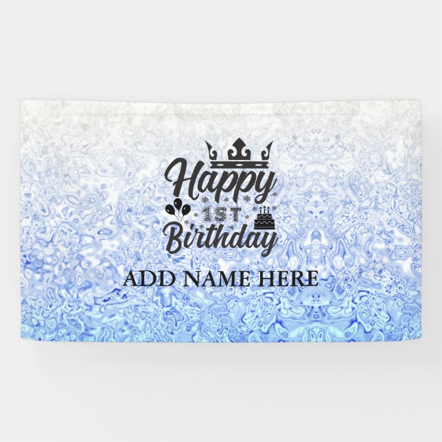 Blue Personalized "Happy First Birthday" Banner (Horizontal)