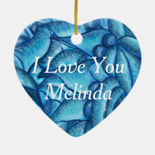 Blue Personalized I Love You Heart Pendant Ceramic Ornament (Back)