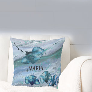 Blue Personalized Marble Flower Pillow