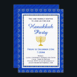 Blue Personalized Menorah HANUKKAH Party Invitation<br><div class="desc">Stylish blue Hanukkah party invitation with Star of David pattern plus menorah at the centre. The reverse says HAPPY HANUKKAH in a subtle tiled pattern. Placeholder text (on the front) is customizable, so you can add your name and details. Matching stationery and gifts are available in the HANUKKAH Collection by...</div>