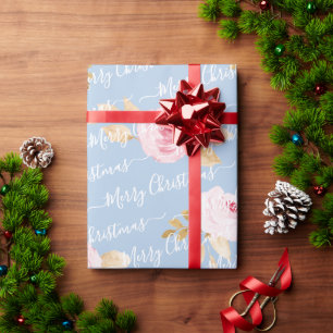 Blue Personalized Merry Christmas Script Floral Wrapping Paper