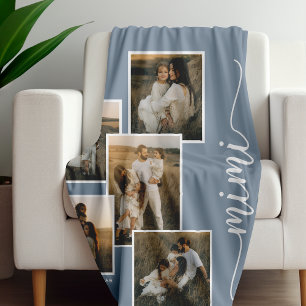 Blue Personalized Mimi Grandkid 5 Photo Collage  Fleece Blanket