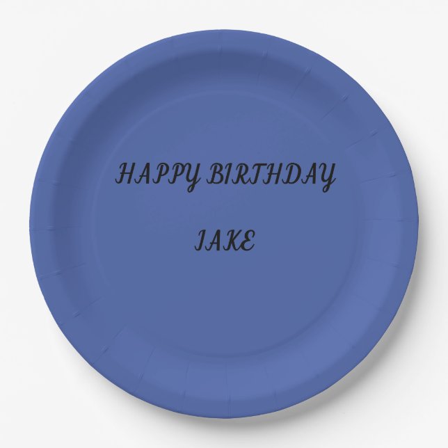 Blue personalized name birthday plates. paper plate (Front)