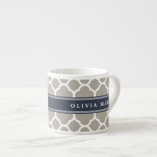 Blue Personalized Name Grey Quatrefoil Pattern Espresso Cup